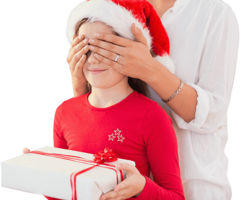 Mother Surprising Daughter with Christmas Present Transparent Background