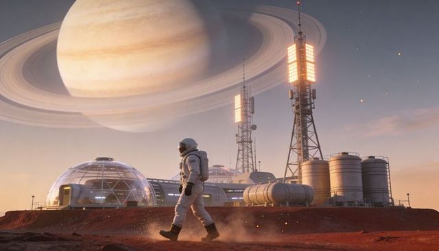 Astronaut walking across red plain at dusk with geodesic domes and ringed planet overhead
