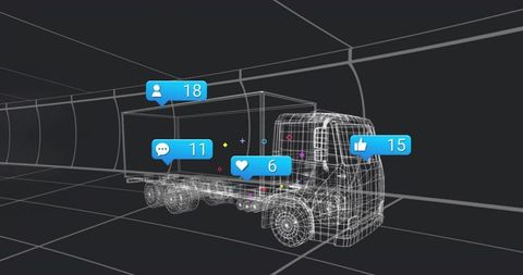 Wireframe semi-truck rotating inside virtual tunnel with social notification bubbles