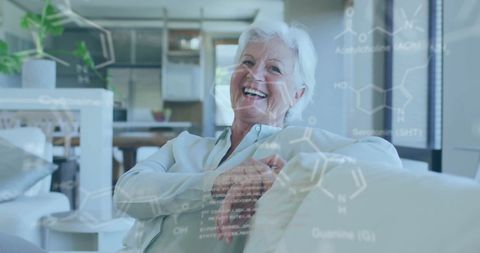 Elderly Woman Relaxing with Superimposed Chemical Formulas