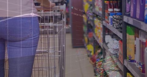 Woman pushing cart in supermarket with digital data overlay showing retail analytics