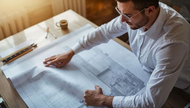 Focused architect reviewing blueprint on desk with ruler and pencils in sunlit workspace