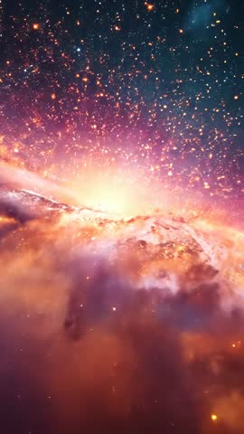 Vertical cosmic flythrough zooming into galactic core, glowing nebula and drifting sparks