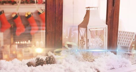 Warm Holiday Lantern and Decor in Snowy Window Scene - Download Free Stock Images Pikwizard.com