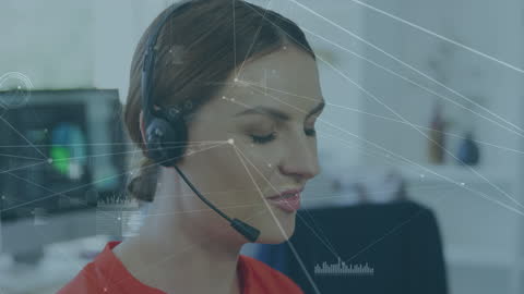 Woman in Headset Engaging with Digital Network Connections