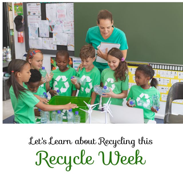 Female teacher teaching recycling to multiracial students in classroom, recycle week text. Copy space, digital composite, promote benefits of recycling, raise awareness, environment conservation.