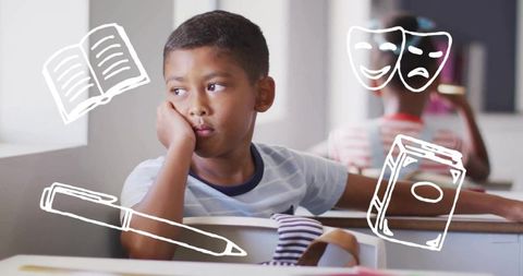 Daydreaming elementary student gazing out window during lesson with doodle overlays