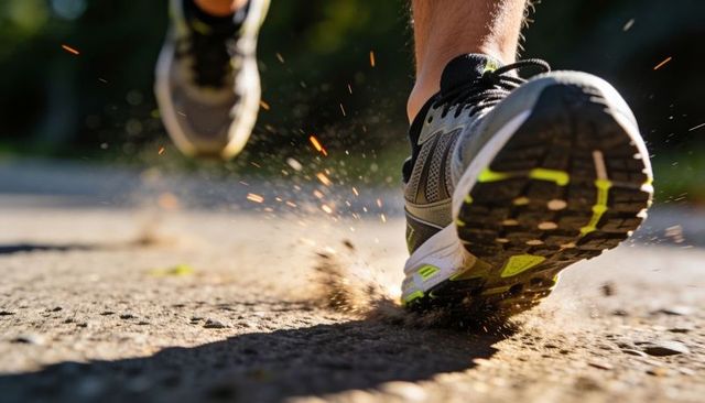 Trail runner kicking up dust with neon-accented shoe sole, low-angle dynamic motion