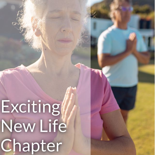 Composition of exciting new life chapter text over senior caucasian people practicing yoga. Retirement, senior lifestyle and happiness concept digitally generated image.