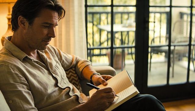 Man writing in notebook on cozy sofa near sunlit balcony reflective journaling