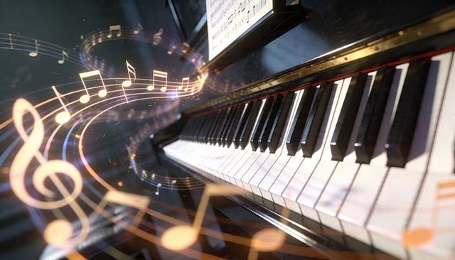 Flowing golden music notes across grand piano keyboard under warm studio lighting