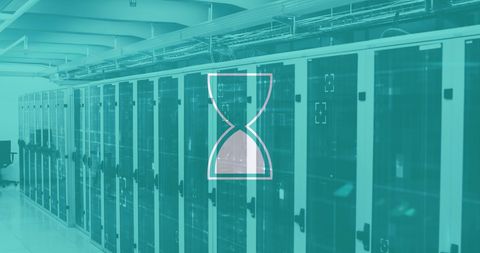 Loading Icon Over Computer Servers Representing Data Processing
