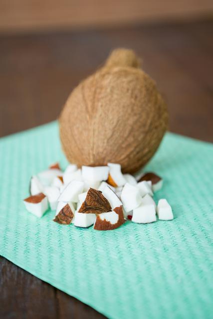 Close-up of coconut and coconut pieces on green cloth