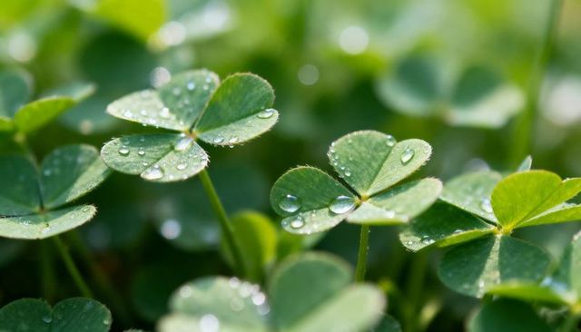 Dew-kissed clover close-up showing droplets on trefoil leaves in sunlit green meadow