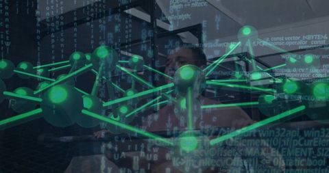 Shirtless man pushing loaded barbell on bench with neon network overlay for fitness tech