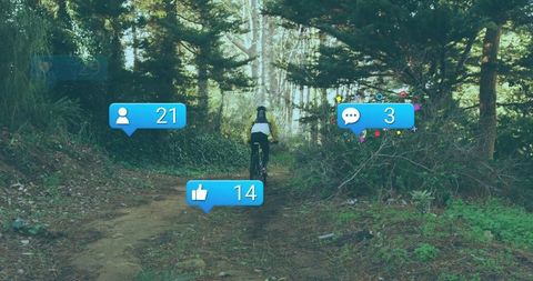 Cyclist exploring forest trail with social media elements