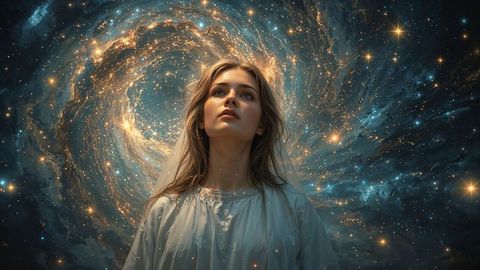 Woman in cosmic vortex gazing at starry spiral
