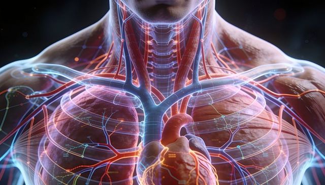 High-detail 3d visualization showing thoracic cardiovascular system with glowing vessels and heart