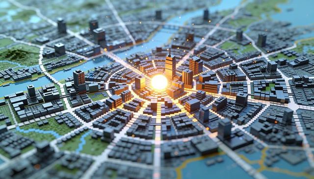 Top-down radial futuristic city model with glowing core and waterways (ai-generated)