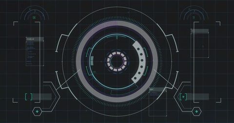 Futuristic hud interface with central pulsing reticle and circular data rings on grid