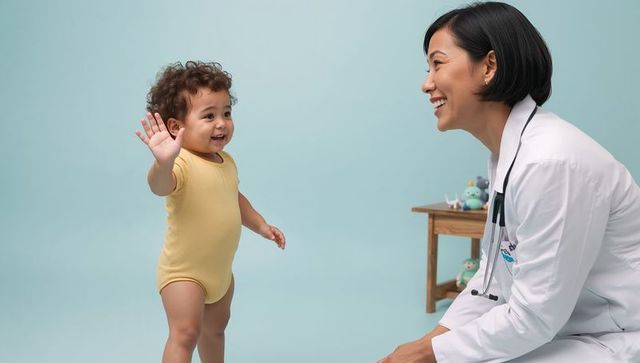 Smiling pediatrician interacting with waving toddler in yellow onesie during gentle checkup