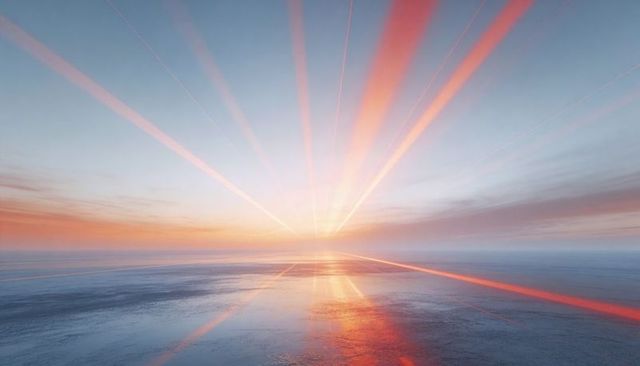 Radiant sunrise over glassy ocean reflecting red-orange rays, minimalist dawn seascape