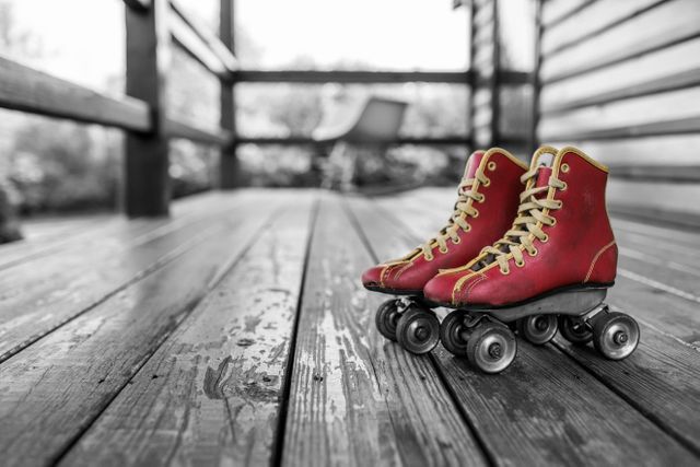 Image shows a pair of vibrant red roller skates with yellow laces on worn, rustic wooden deck in an outdoor setting. The image is predominantly black and white except for the skates, highlighting them as the focal point. Perfect for use in materials promoting outdoor activities, nostalgia, retro themed events, or showcasing vintage products.