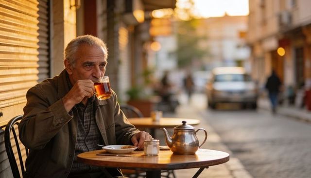Urban elderly man sipping tea at sidewalk cafe during golden hour on cobblestone street