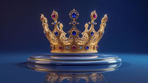 Luxurious gold crown with gemstones on display pedestal
