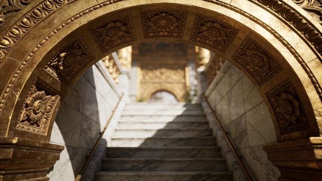 Framing gilded arch highlighting carved floral reliefs above marble palace stairs sunlit