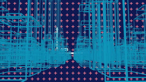 Digital Cityscape with Data Processing Animation