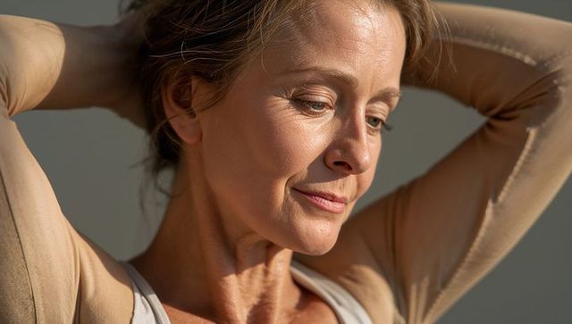 Mature woman raising arms behind head in warm sunlight, serene close-up portrait