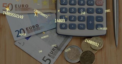 Calculating finances: euro banknotes, coins and numeric overlay on wooden tabletop
