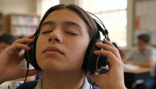 Teen listening with headphones in classroom eyes closed focusing on audio lesson