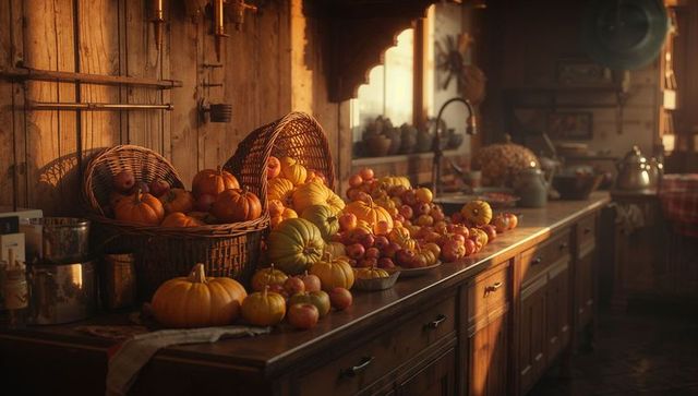 Autumn harvest display in rustic farmhouse kitchen with wicker baskets