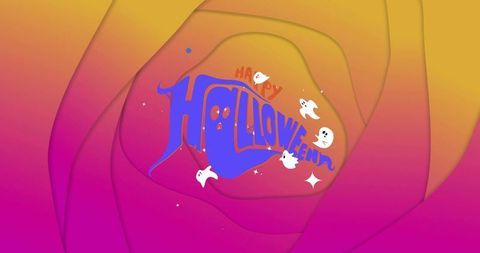 Vivid paper-cut halloween typography with playful ghosts and colorful gradient spiral