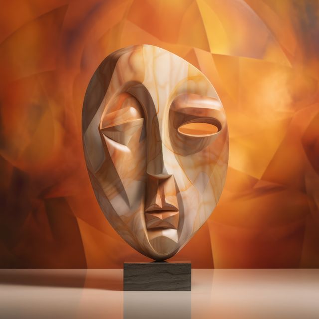 Close up of stone face sculpture on orange background, created using generative ai technology. Art and modern abstract face sculpture design concept digitally generated image.