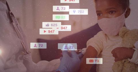 Child receiving vaccination while holding teddy with social media notification overlay