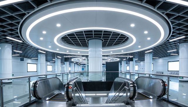 Descending escalators framed by concentric led ceiling rings in modern metro concourse