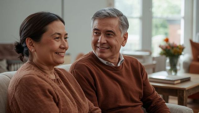 Senior couple sharing warm smile on sofa wearing coordinated brown sweaters, cozy atmosphere