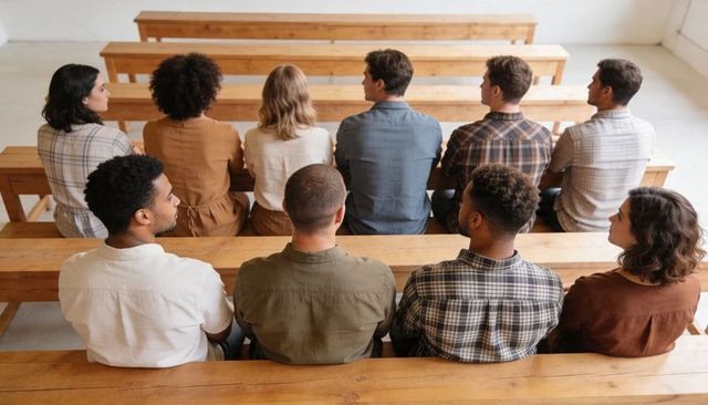 Diverse adults sitting on wooden benches listening during casual meeting or workshop