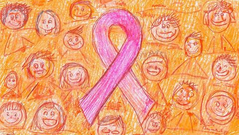 Pink ribbon and supportive faces in crayon drawing illustrating awareness unity