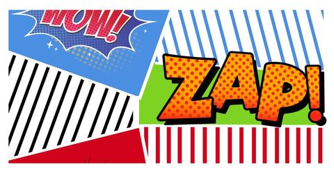 Vibrant comic style words with dynamic patterns on white
