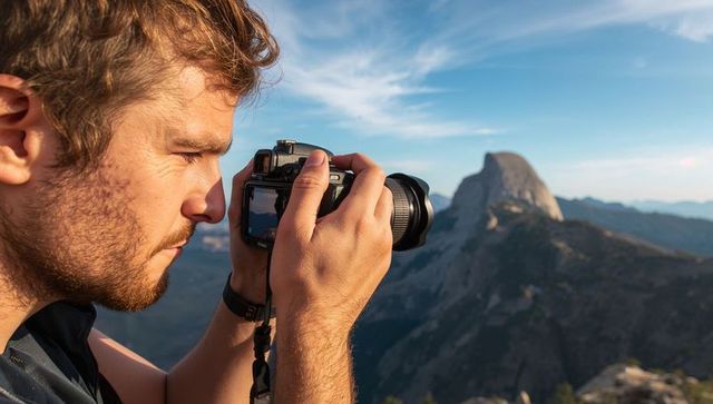 Photographer capturing granite dome with dslr at mountain overlook during golden hour