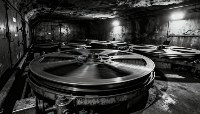 Spinning Industrial Flywheels Rotating in Underground Powerhouse, Monochrome Motion