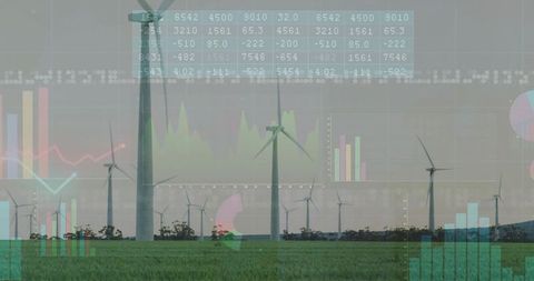 Wind Turbines Rotating Over Green Field with Renewable Energy Data Overlays and Charts