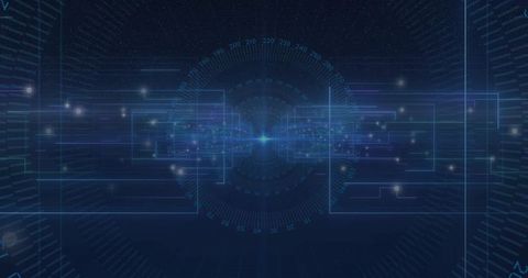 Futuristic glowing data hub with radial hud and neon circuit flows