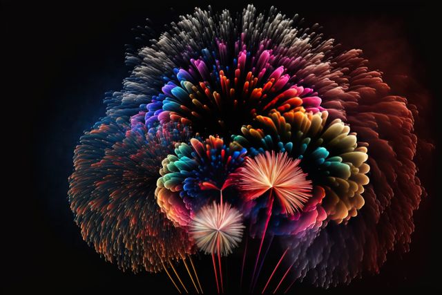 Featuring a vibrant fireworks display, this image is perfect for celebrating holidays, festivals, or special events. The colorful bursts of light contrast beautifully against a black night sky, making it ideal for festive invitations, event posters, or celebratory announcements.