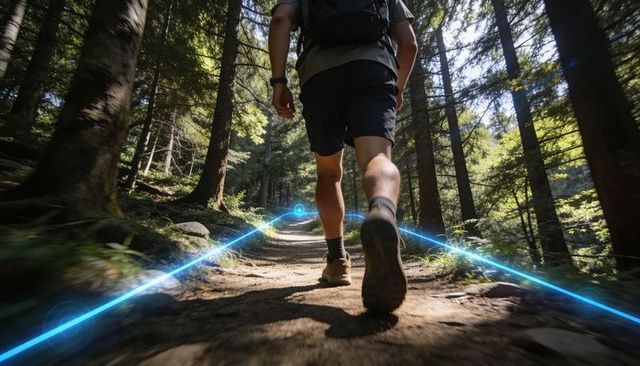 Hiker following glowing blue navigation line through sunlit forest trail with backpack