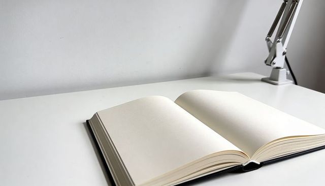 Minimal open hardcover notebook with blank cream pages on white desk and adjustable lamp